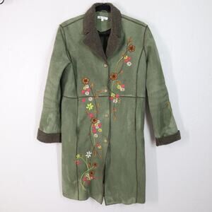 DB Sport Bohemian Coat S Green Faux Suede Shearling Floral Embroidered Knee